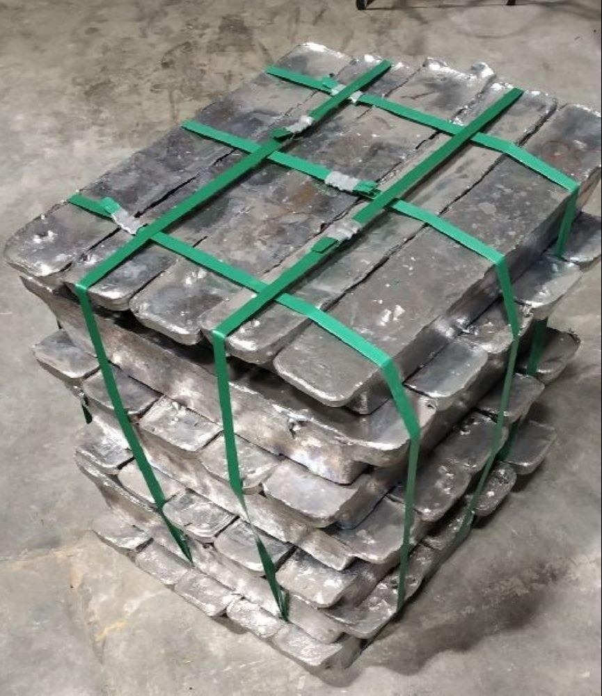 Strapped bundle of Antimony Lead Alloy ingots produced at 3S Global Greens