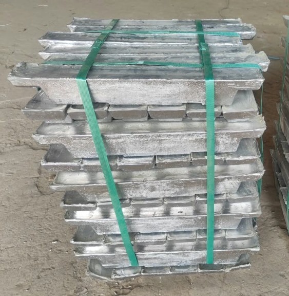 Lead alloy ingots bundled and strapped after casting